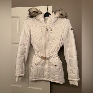 White ski coat, hood can be removed, stain free, rip free.